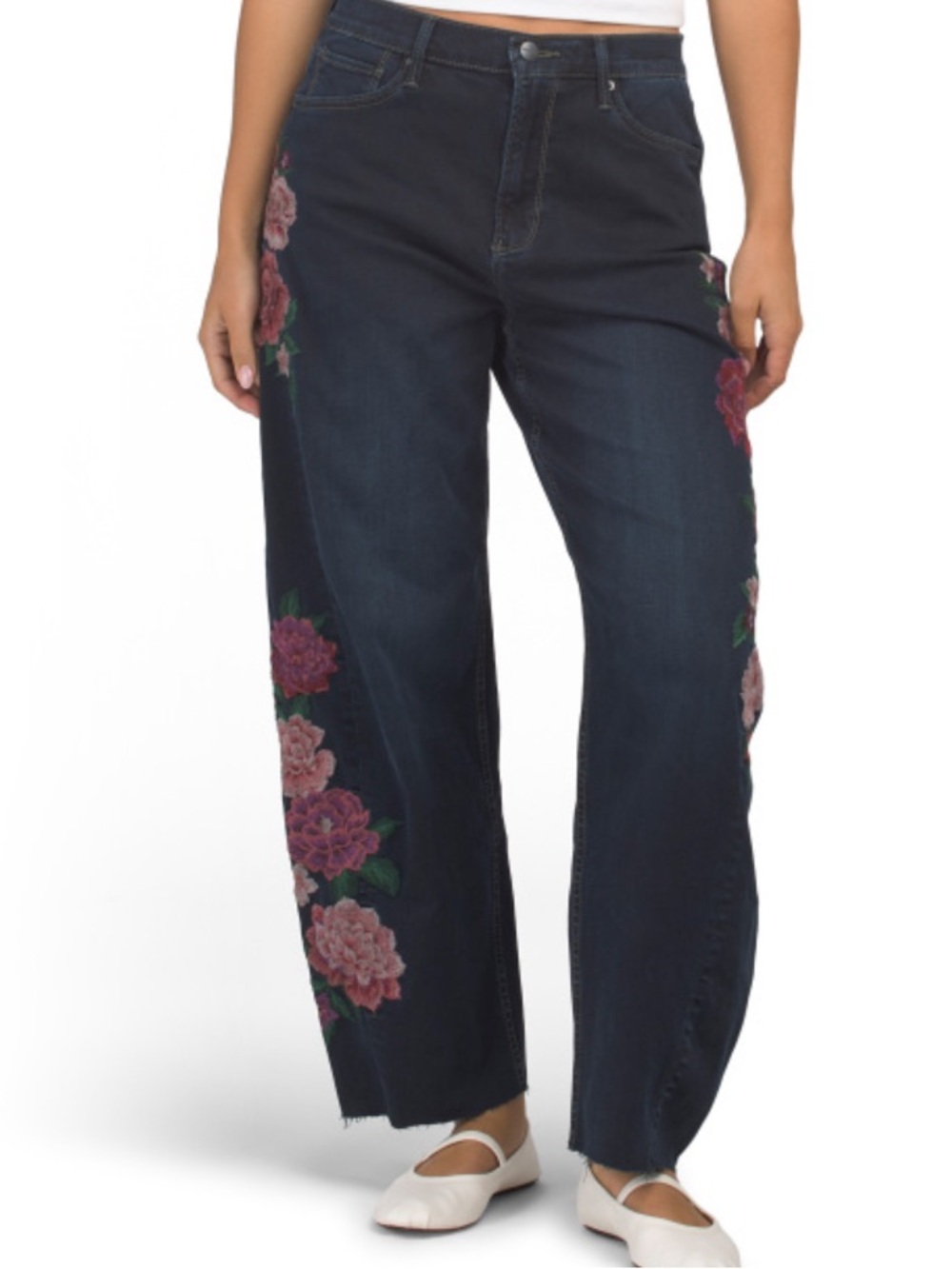Driftwood Jeans Dark Wash Wide-Leg Jeans with Pink Floral Embroidery